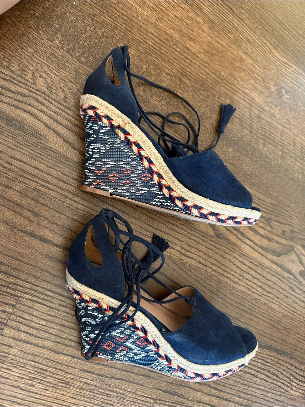 CAbi Navy Suede Espadrille Wedge with Patterned Platform